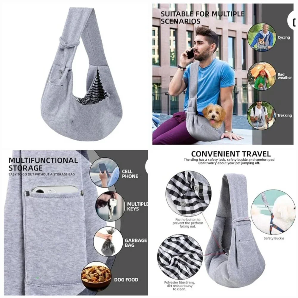 PET CARRIER SLING HAND-FREE REVERSIBLE HARNESS GRAY & GINGHAM PATTERN